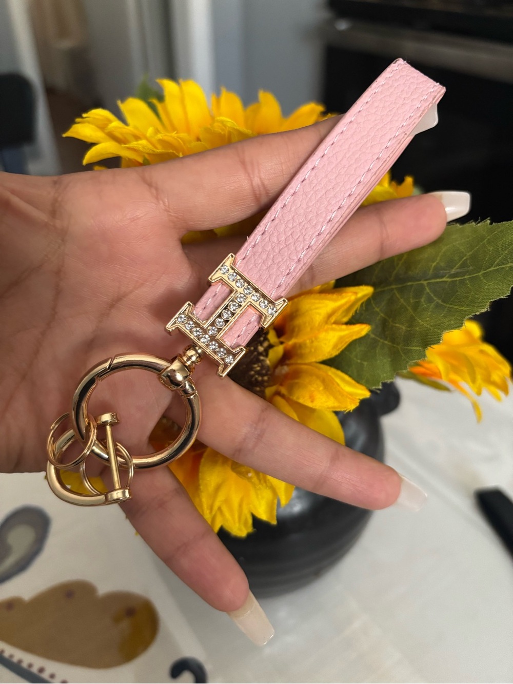 Pink Leatherette Rhinestone H Charm Key & keycharm